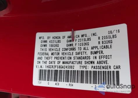 2016 Honda Accord Sport z USA, uszkodzony, nr VIN 1HGCR2F58GA245992